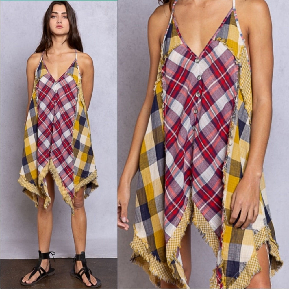 POL Plaid Patchwork Slip Dress - Red, Yellow, Blue - Picture 5 of 6